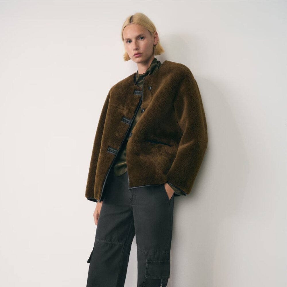 NWT Mango Fur Effect Coat with appliqués Size M Khaki
